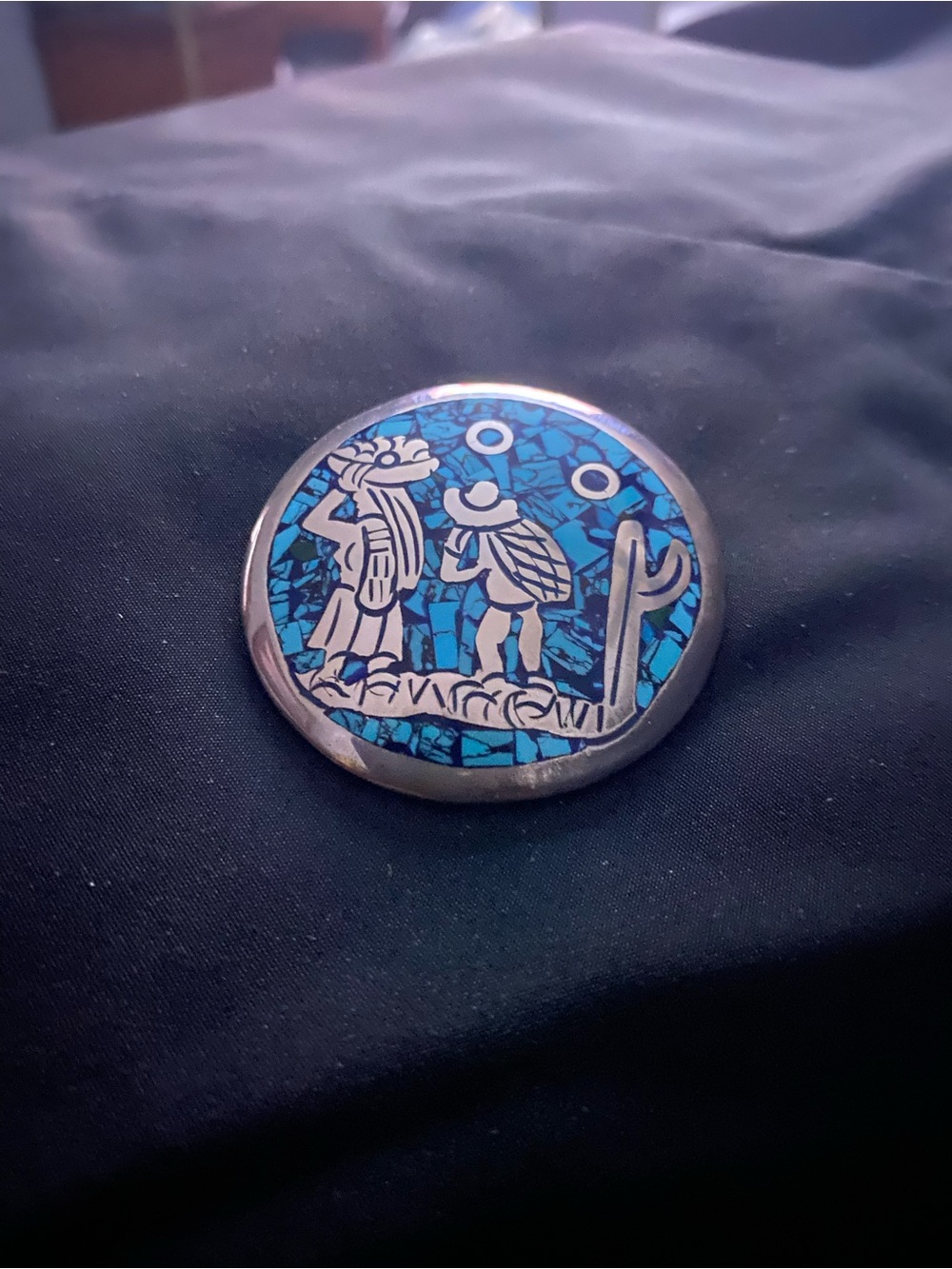 Turquoise Inlay Round Pin/Brooch signed 925